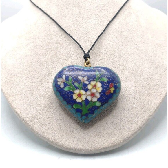 Antique Vintage Brass Enamel Cloisonne Heart Pendant Necklace 2" Statement 33.5g - Picture 3 of 10